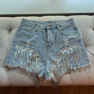Denim beaded sequined fringe wide leg ripped jean shorts, size M